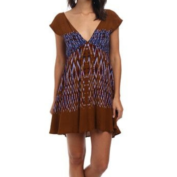 Free People Dresses & Skirts - Free People Theodora Printed Boho Babydoll Dress Brown And Purple Size Large